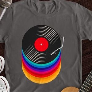 Gray vinyl record t shirt large cotton gildan